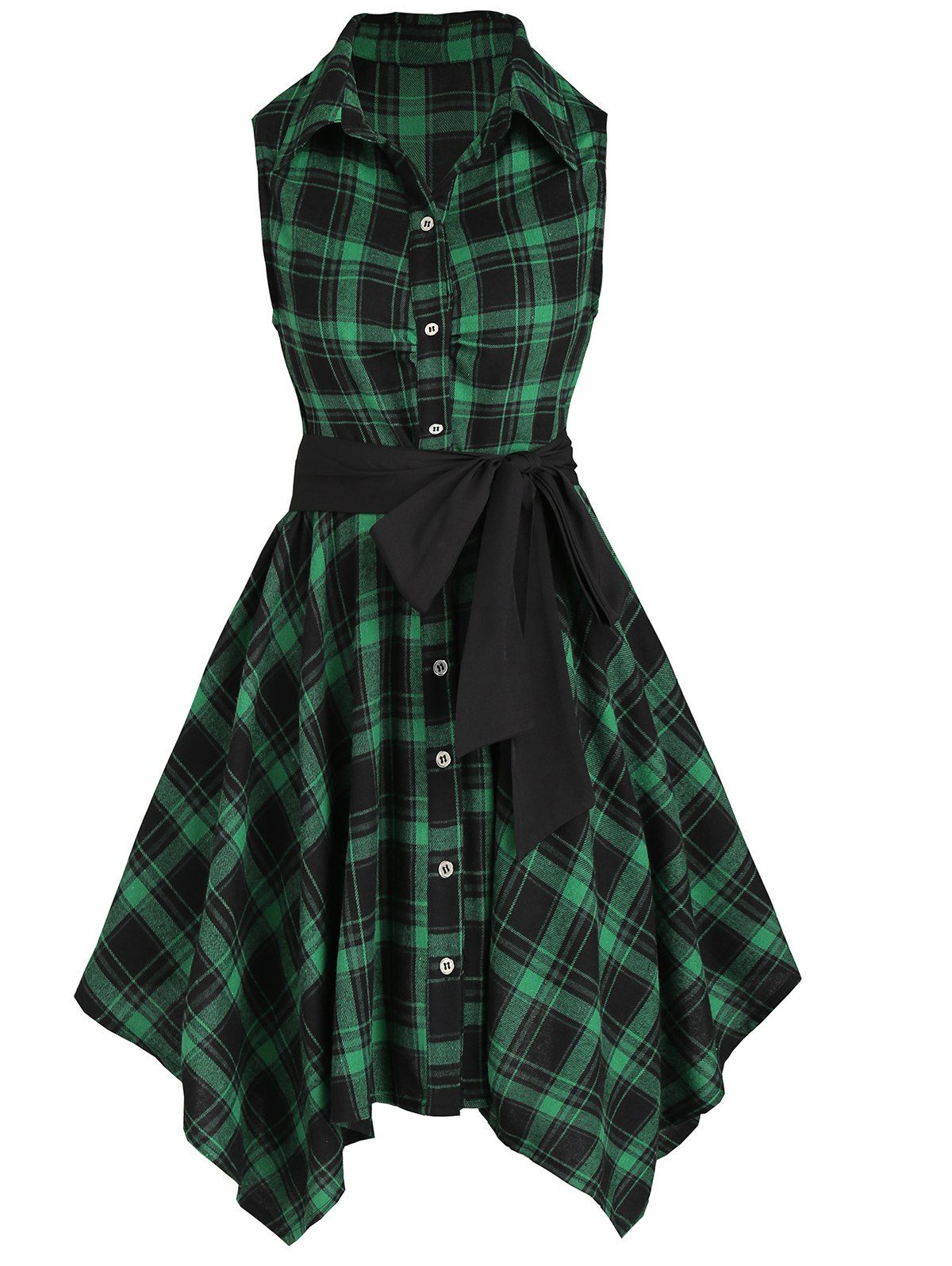 Vintage Plaid Mini Shirt Dress Asymmetrical Sleeveless Belted Casual Handkerchief Dress - DEEP GREEN L
