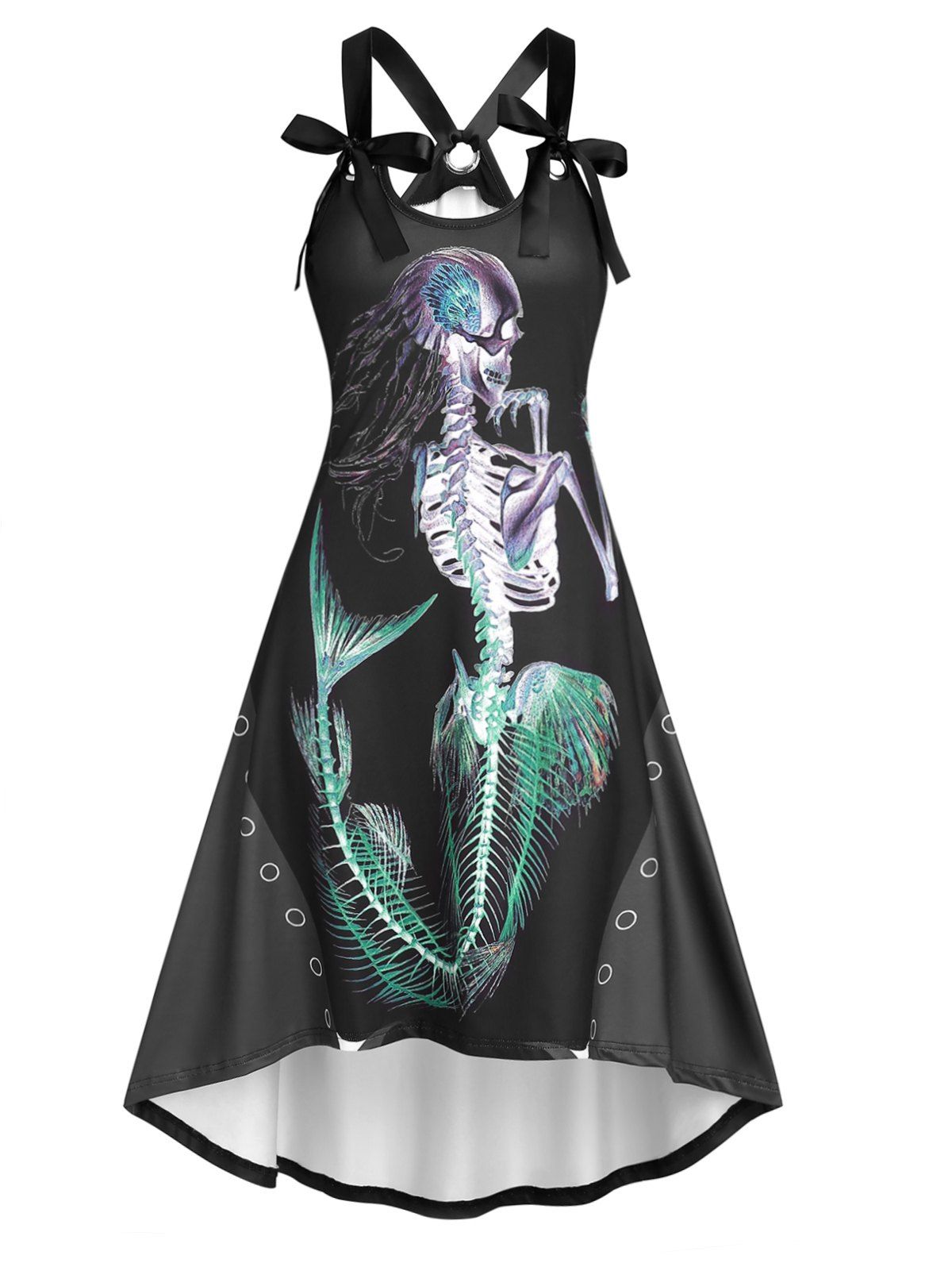 Mermaid Print Gothic A Line Dress Asymmetrical Hem Bowknot Strap Summer Dress - BLACK M