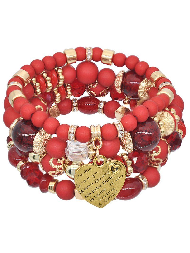 4 Pièces Bracelets à Plusieurs Branches Motif Cœur Perle et Cristal Coloré Style Bohémien - Rouge 