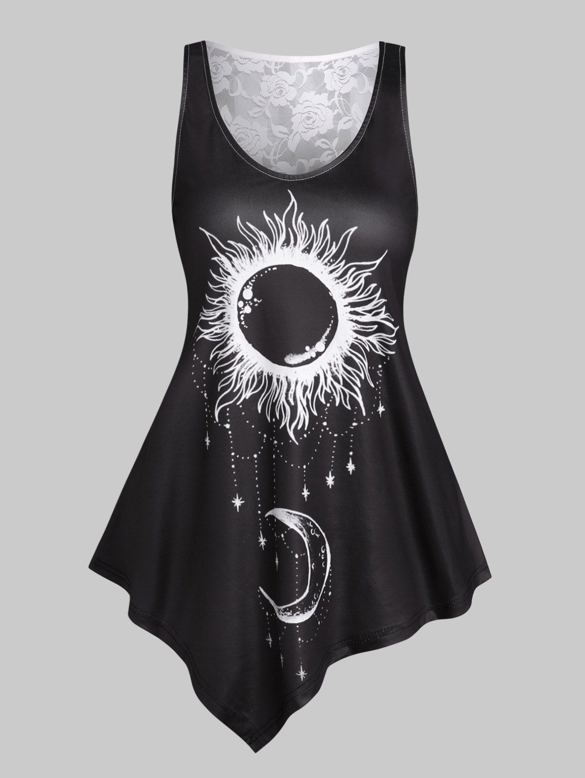 Asymmetrical Lace Sheer Moon and Sun Tank Top - WHITE M