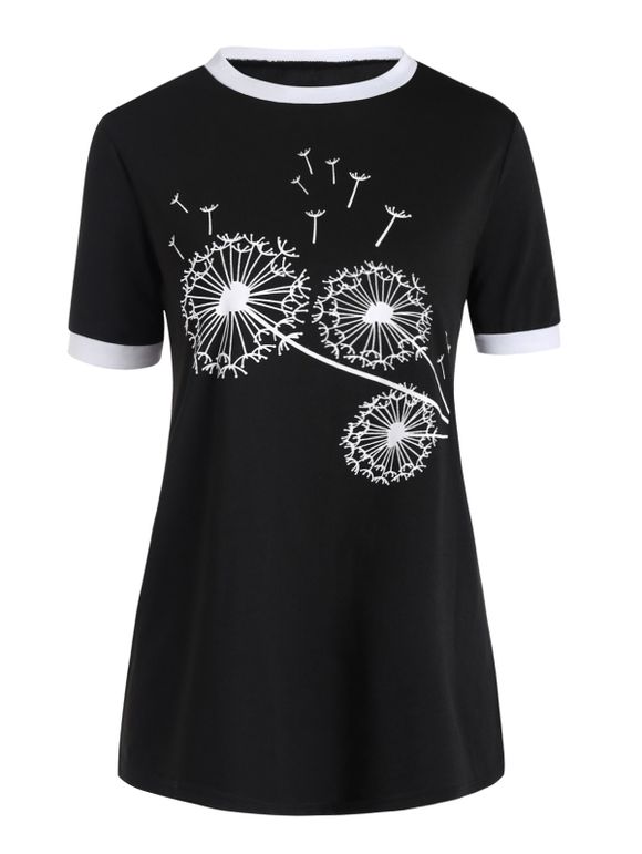 T-shirt D'Eté Décontracté à Imprimé Pissenlit Manches Courtes à Col Rond - Noir XL