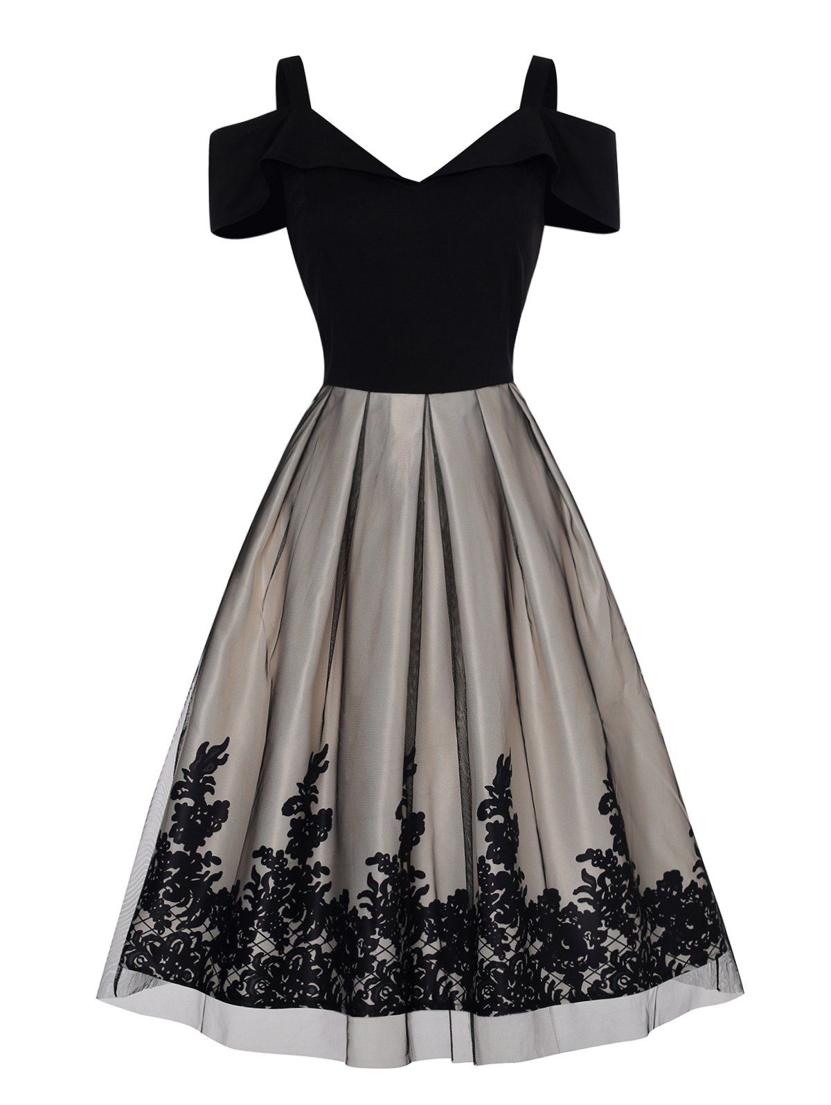 A Line Midi Print Party Dress Cold Shoulder Mesh Overlay V Neck Summer Casual Dress - BLACK S