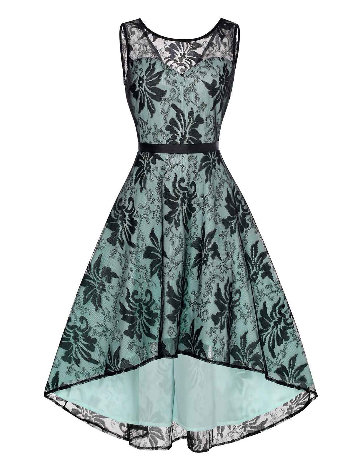 Vacation Floral Lace Overlay Midi Summer Dress Sleeveless High Waist High Low Dress - LIGHT GREEN L