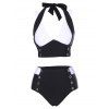 Two Tone Swimsuit Grommet High Rise Halter Padded Tankini Swimwear Set - BLACK XXL