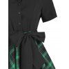 Asymmetrical Plaid Print A Line Mini Dress Short Sleeve Button Down Bowknot Belted Handkerchief Dress - DEEP GREEN L