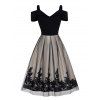 A Line Midi Print Party Dress Cold Shoulder Mesh Overlay V Neck Summer Casual Dress - BLACK S