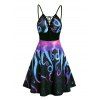 Galaxy Octopus Print Sundress Lace Up Spaghetti Strap Midi Dress Backless High Waist Cami Dress - BLACK XL