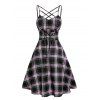 Plaid Print Casual A Line Mini Dress Lace Up Lattice Strap Empire Waist Summer Dress - LIGHT PINK XL