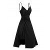 Plain Color A Line Midi Dress Twisted Slit Plunging Spaghetti Strap Summer Dress - BLACK M