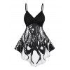 V Neck Octopus Print Tank Top Asymmetric Strappy Ruched Bust Top - BLACK XL