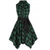 Vintage Plaid Mini Shirt Dress Asymmetrical Sleeveless Belted Casual Handkerchief Dress - DEEP GREEN M