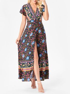 Allover Floral Print Maxi Dress Surplice Plunging Neck High Slit Flutter Sleeve Dress