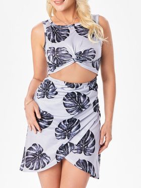 Tropical Leaf Print Cut Out Waist Mini Dress