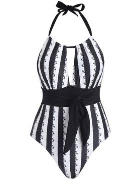 Vacation Floral Striped Print Halter One-piece Swimsuit Cut Out Self Belted Open Back Swimwear