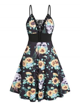 Gothic Sundress Sunflower Skull Printed Dress Corset Style Lace Up A Line Dress