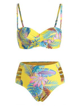 Tropical Bikini Swimsuit Ruched Underwire Push Up Ladder Cut Out High Waist Twisted Leaf Floral Print Beach Swimwear