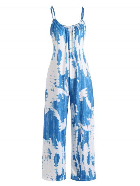 Wide Leg Print Jumpsuit Ruched Spaghetti Straps Sleeveless Pockets Summer Casual Outfit