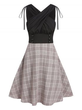 Plaid Crossover Cut Out A Line Mini Dress Corset Waist Ruched Cinched Tie V Neck Back Dress
