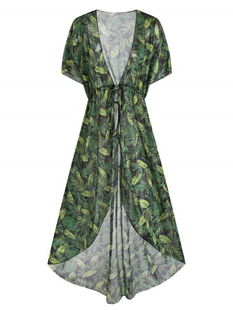 Robe de Cache-maillot Kimono de Plage Transparente à Imprimé Feuille Tropicale à Ourlet Asymétrique Nouée