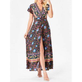 

Allover Floral Print Maxi Dress Surplice Plunging Neck High Slit Flutter Sleeve Dress, Multicolor