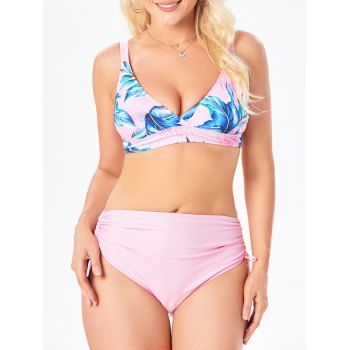 

Surplice Leaf Print Cinched Tie Bikini Swimwear, Light pink