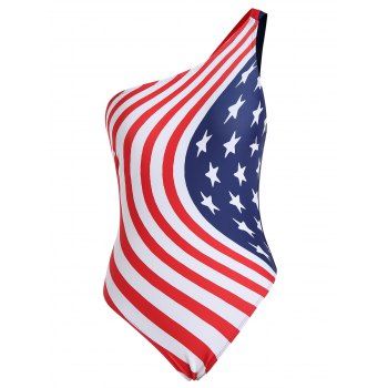 

Beach American Flag One-piece Swimsuit One Shoulder Stars Striped Print Padded Cut Out Back Swimwear, Multicolor