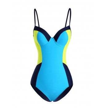 

Contrast Colorblock One-piece Swimsuit Push Up Underwire Corset Style Padded Swimwear, Blue