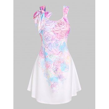 

Rose Flower Print Longline Tank Top Pastel Color Bowknot Summer Top, White