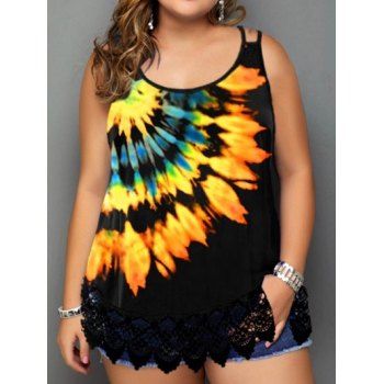 

Plus Size Tie Dye Casual Tank Top Print Lace Panel Cut Out Summer Top, Black