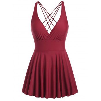 

Crisscross One-piece Swimsuit Solid Color Plunging Neck High Waist Ruffle Swimwear, Deep red