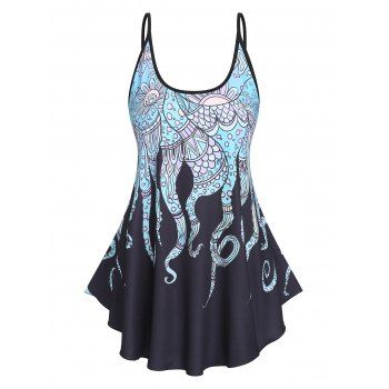 

Floral Marine Life Print Casual Tank Top Octopus Pattern Flutter Hem Summer Top, Black