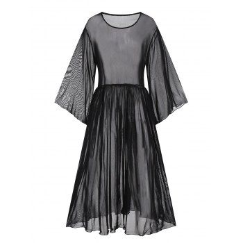 

Plus Size Mesh Sheer Cover Up Minimalist Solid Color High Waist Midi Beach Cover-up, Black
