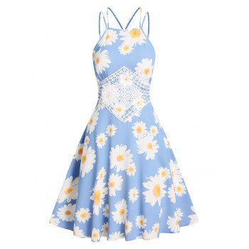 

Daisy Print A Line Mini Sundress Vacation Crochet Lace Applique Cross Strappy Dress, Light blue