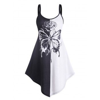 

Floral Butterfly Print Casual Mini Dress Monochrome Asymmetrical Hem Summer Dress, Black