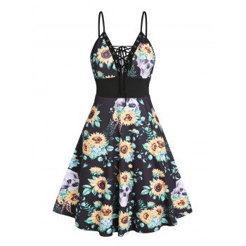 

Gothic Sundress Sunflower Skull Printed Dress Corset Style Lace Up A Line Dress, Black