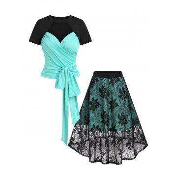 

Contrast Colorblock Cut Out Surplice Bowknot T Shirt and Floral Lace Overlay High Low Skirt Summer Outfit, Light green