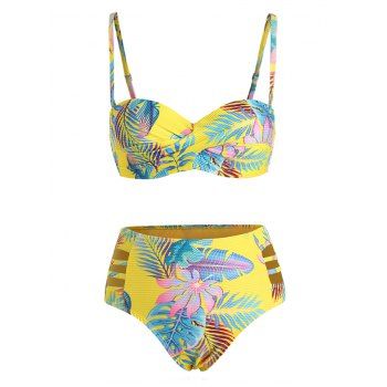 

Tropical Bikini Swimsuit Ruched Underwire Push Up Ladder Cut Out High Waist Twisted Leaf Floral Print Beach Swimwear, Multicolor