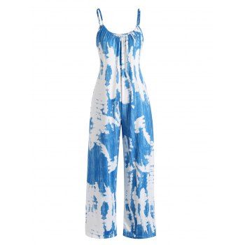 

Wide Leg Print Jumpsuit Ruched Spaghetti Straps Sleeveless Pockets Summer Casual Outfit, Light blue