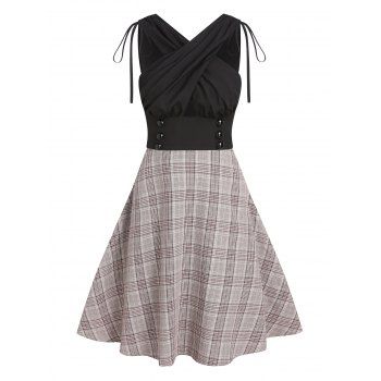 

Plaid Crossover Cut Out A Line Mini Dress Corset Waist Ruched Cinched Tie V Neck Back Dress, Light coffee