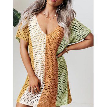 

Beach Cover Up Top Crochet Hollow Out V Neck Contrast Colorblock Cover-up, Multicolor