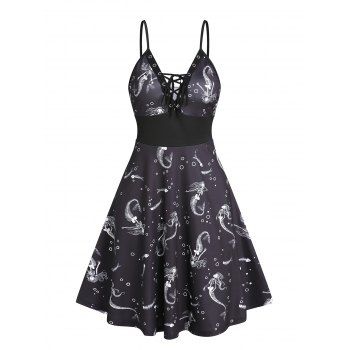 

Gothic Dress A Line Dress Croset Style Mermaid Skeleton Print Lace Up Dress, Black