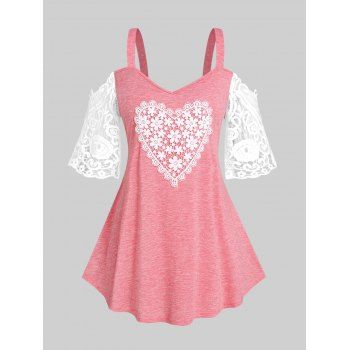 

Plus Size Cold Shoulder Heart Pattern Lace Panel Tee, Light pink