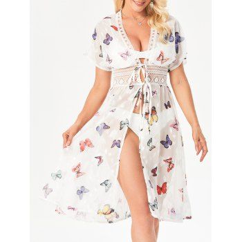 

Vacation Printed Swim Cover Ups Sheer Flower Patterned Lace Longline Beach Coverups, White