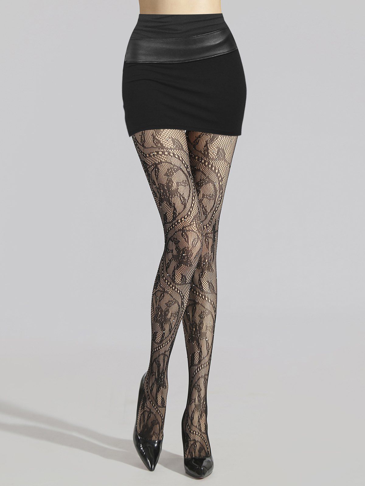 Sheer Pantyhose Printed Rhinestone High Waist Lace Hollow Out Long Stockings - BLACK ONE SIZE