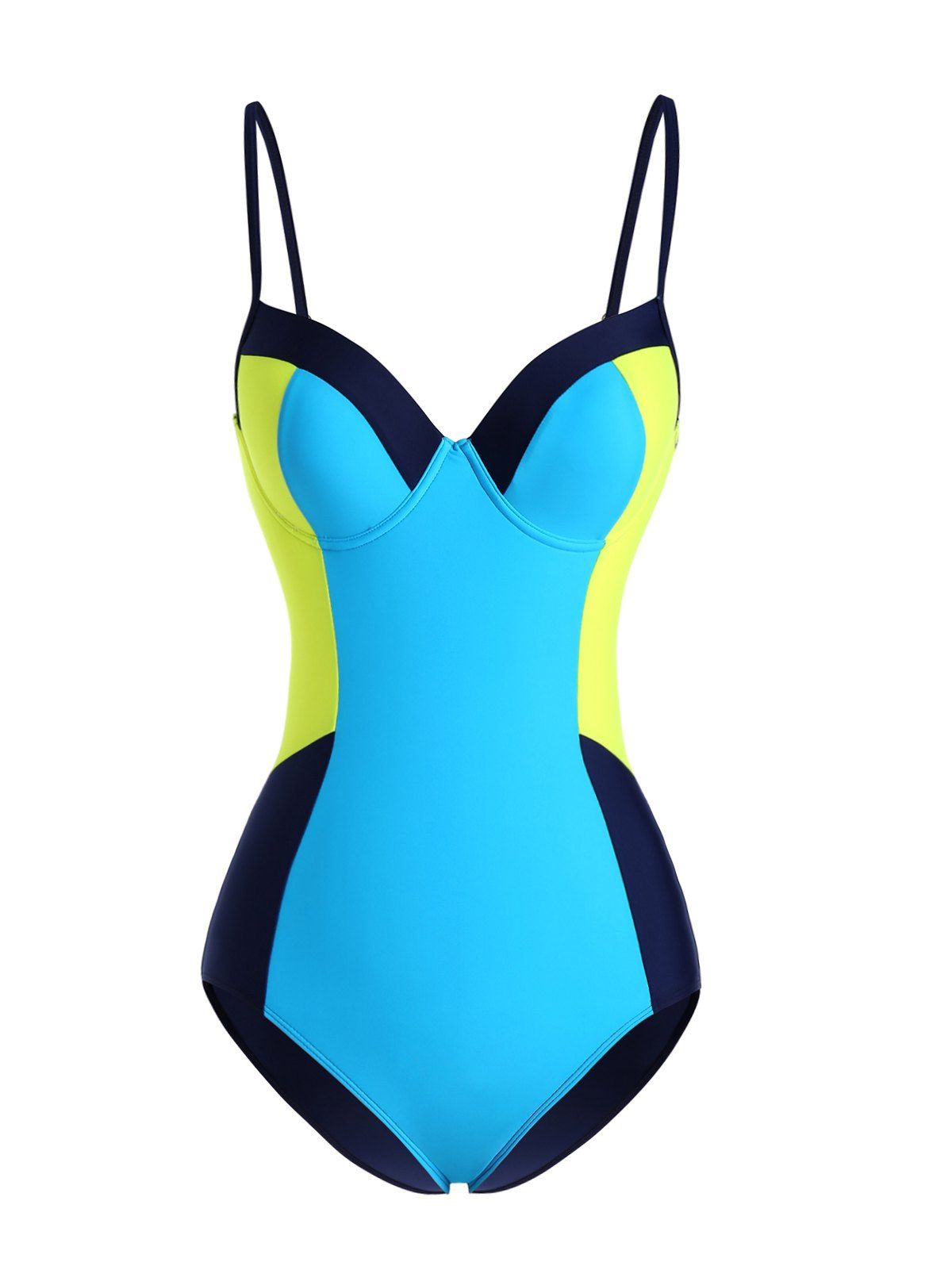 Contrast Colorblock One-piece Swimsuit Push Up Underwire Corset Style Padded Swimwear - BLUE XL