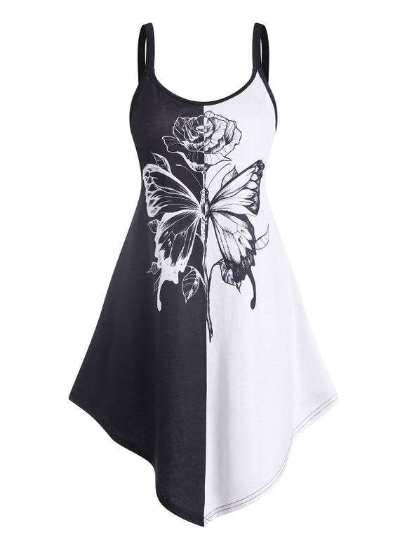 Robe D'été Courte Décontractée à Imprimé Papillon Floral à Ourlet Asymétrique - Noir XL