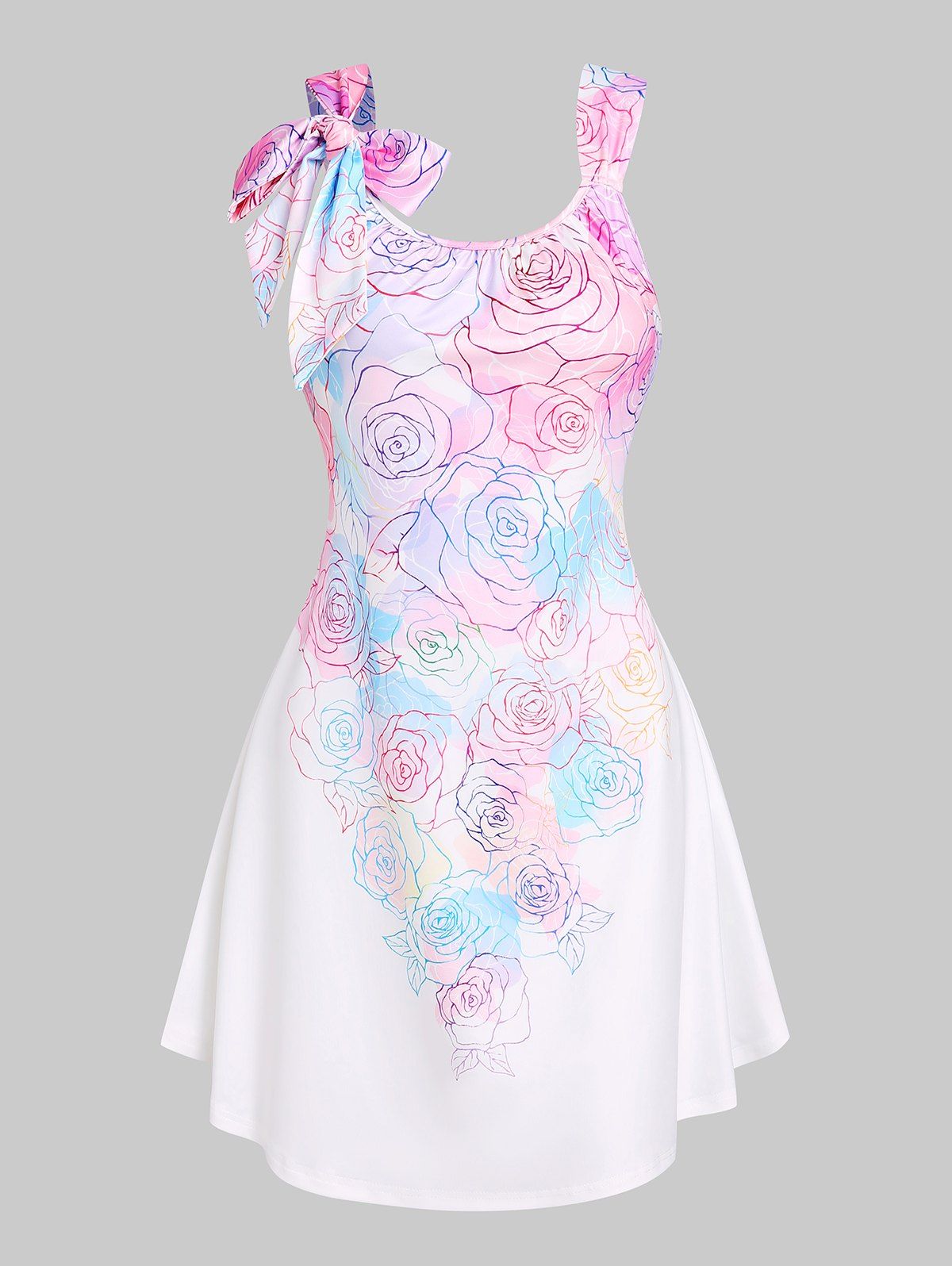 Rose Flower Print Longline Tank Top Pastel Color Bowknot Summer Top - WHITE XL