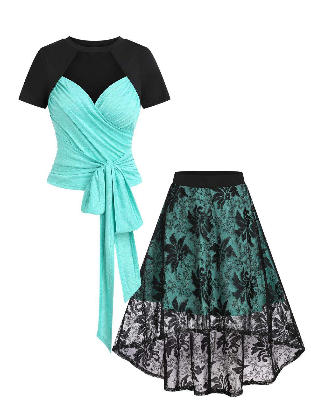 Contrast Colorblock Cut Out Surplice Bowknot T Shirt and Floral Lace Overlay High Low Skirt Summer Outfit - LIGHT GREEN L