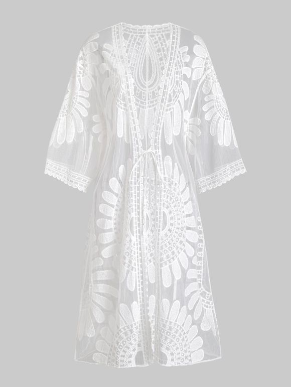 Sheer Vacation Kimono Cover-up Floral Lace Tied Scalloped Solid Color Cover Up - WHITE ONE SIZE