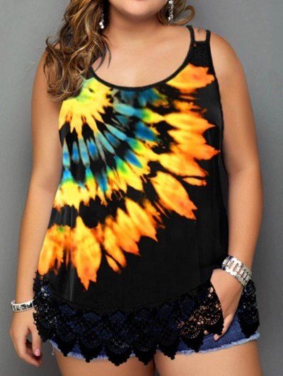 Plus Size Tie Dye Casual Tank Top Print Lace Panel Cut Out Summer Top - BLACK XXL
